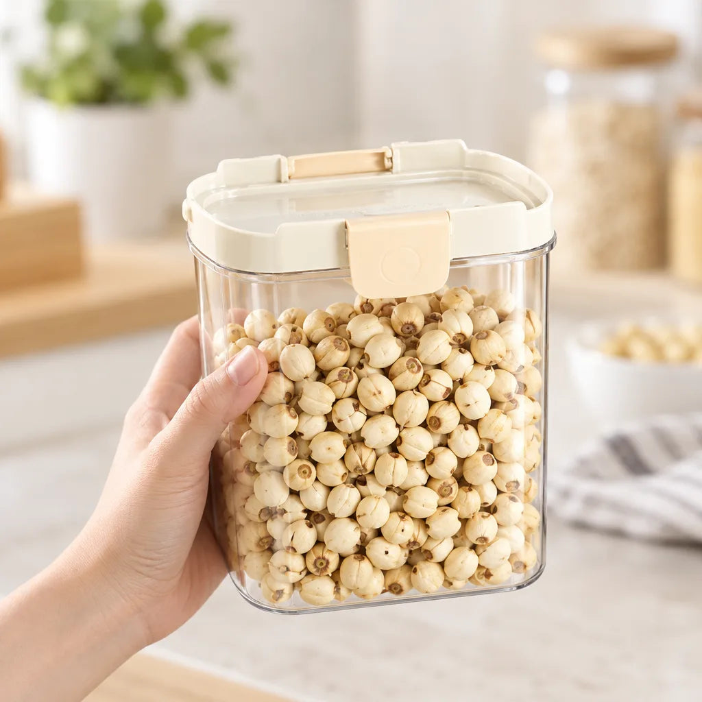 A hand holds a clear Food Storage Container filled with dried lotus seeds, its cream snap-lock lid closed, on a bright kitchen counter with a potted plant and another jar blurred behind.
