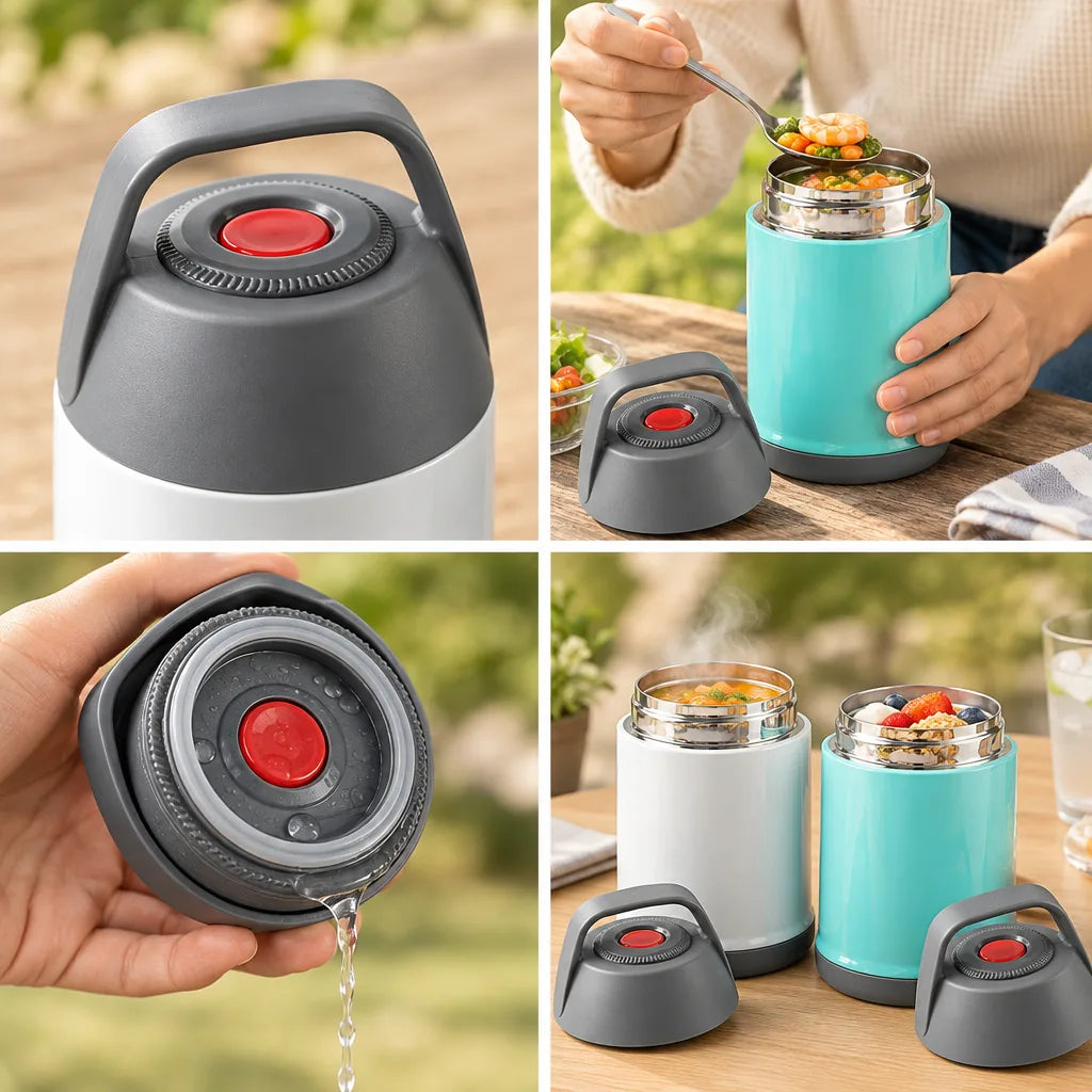 Four-panel grid showing the Food Thermos: a close-up of the grey lid with its red release button and carry handle, a woman spooning shrimp and vegetable stew from the open turquoise jar at an outdoor table, a hand tilting the lid to show its silicone seal as water drips off, and the white and turquoise jars side by side holding steaming soup and a yogurt-and-fruit parfait with their lids set in front.