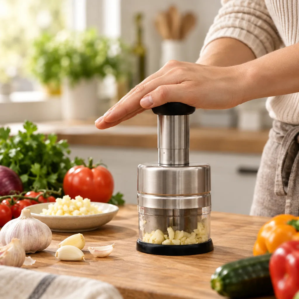 A hand presses down on the stainless steel Garlic Chopper on a wooden kitchen counter, with minced garlic collecting in its clear base beside whole garlic bulbs, loose cloves, a bowl of chopped garlic, tomatoes, parsley, peppers and a cucumber.