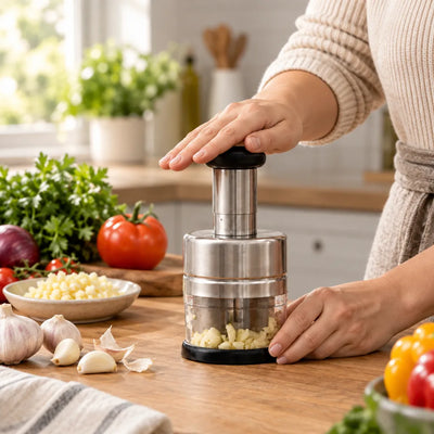 A person presses down on the black knob of a stainless steel garlic chopper on a wooden kitchen counter, with freshly minced garlic collecting in its clear base beside whole garlic bulbs, loose cloves, parsley, a tomato and a red onion.