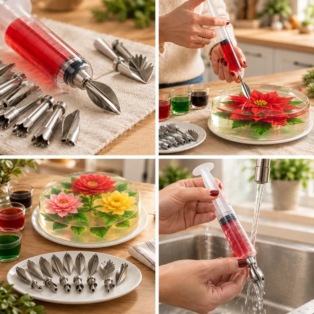 Four-panel grid showing the Gelatin Flower Kit in use: the clear syringe filled with red gel beside its stainless steel flower nozzles on a cloth, a hand injecting a red poinsettia design into a clear gelatin cake, the finished cake with red, pink and yellow flowers next to a plate of nozzles and shot glasses of coloured gel, and the syringe being rinsed under a running kitchen tap.