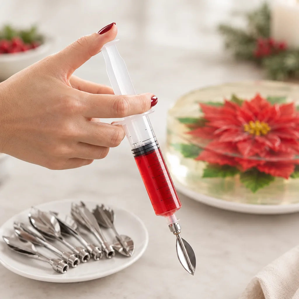 A hand holds the syringe from the gelatin flower kit, filled with red gel and fitted with a leaf-shaped stainless steel tip, above a marble counter where the other flower needles rest on a white plate beside a clear gelatin cake with a red poinsettia suspended inside.