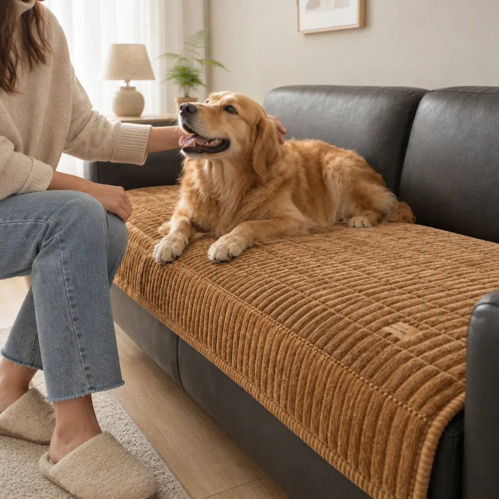 A golden retriever lies on a dark grey sofa covered with a tan ribbed quilted microfibre sofa cover while a woman in a cream sweater and jeans sits on the edge and pets the dog's head in a bright living room.
