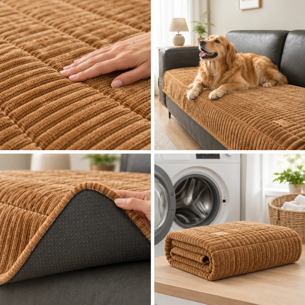 Four-panel layout showing a tan ribbed quilted microfiber sofa cover: a hand smoothing the textured surface in close-up, a golden retriever lying on the cover spread over a grey sofa, a hand lifting one corner to reveal the dark non-slip dotted backing, and the cover folded into a neat stack on a table in front of an open washing machine.