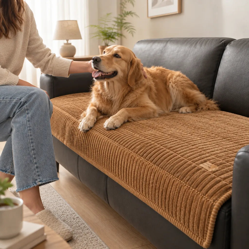 A golden retriever lies on a tan ribbed quilted microfiber sofa cover protecting a dark grey leather couch, while a woman in a cream sweater and jeans sits beside it reaching out to pet the dog in a sunlit living room.
