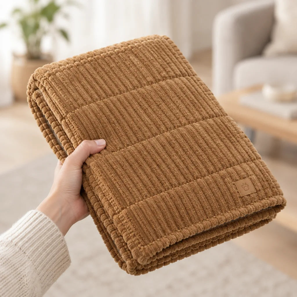 A hand holds a folded caramel-brown quilted microfiber sofa cover with wide ribbed channels and a small leather paw-print tag on the corner, in front of a bright living room with a cream armchair and wooden coffee table.