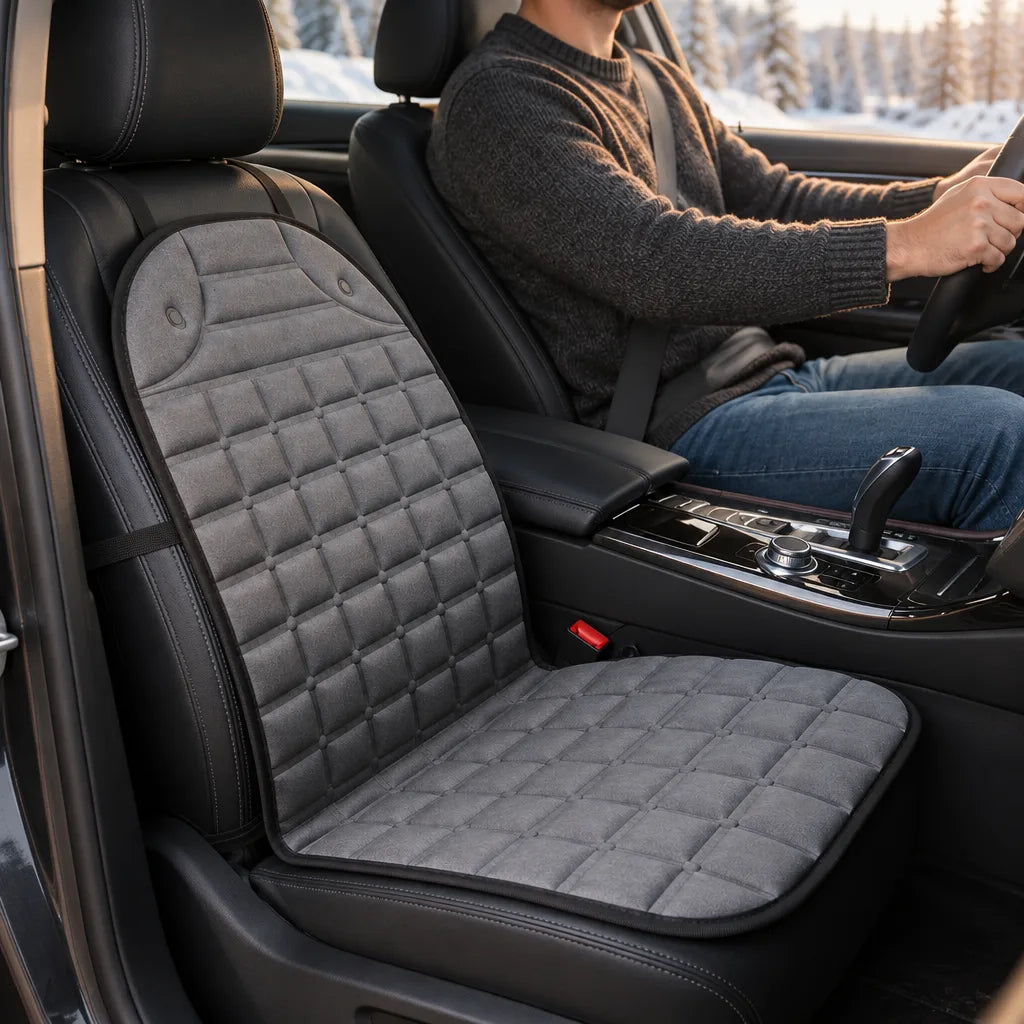 Gray quilted Heated Car Seat Cushion fitted over the black passenger seat of a car, with a man in a knit sweater and jeans driving through a snowy pine landscape visible through the windows.