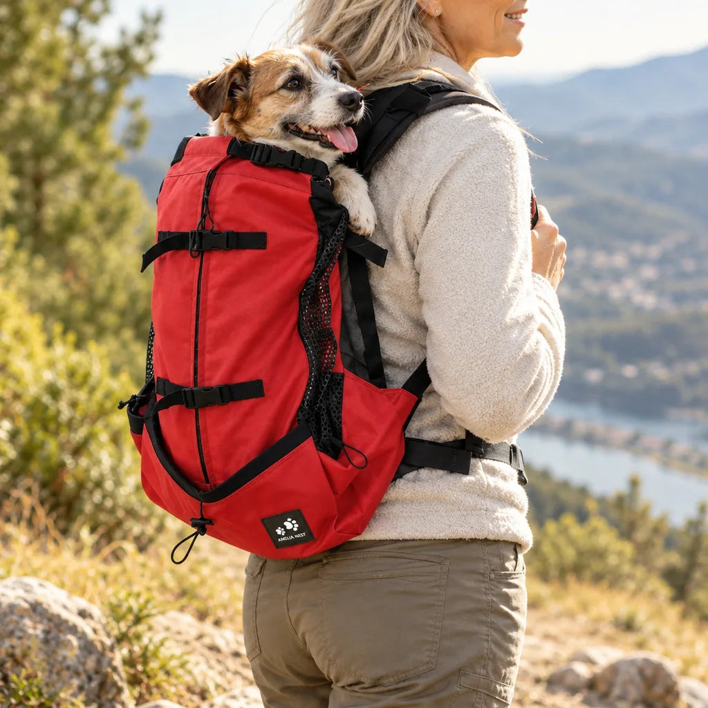 Woman in a cream fleece standing on a rocky hilltop above a river valley, carrying a small tan and white terrier in a red dog carrier backpack with mesh side panels, buckled straps and a padded chest harness, the dog's head and front paws resting over the top opening.