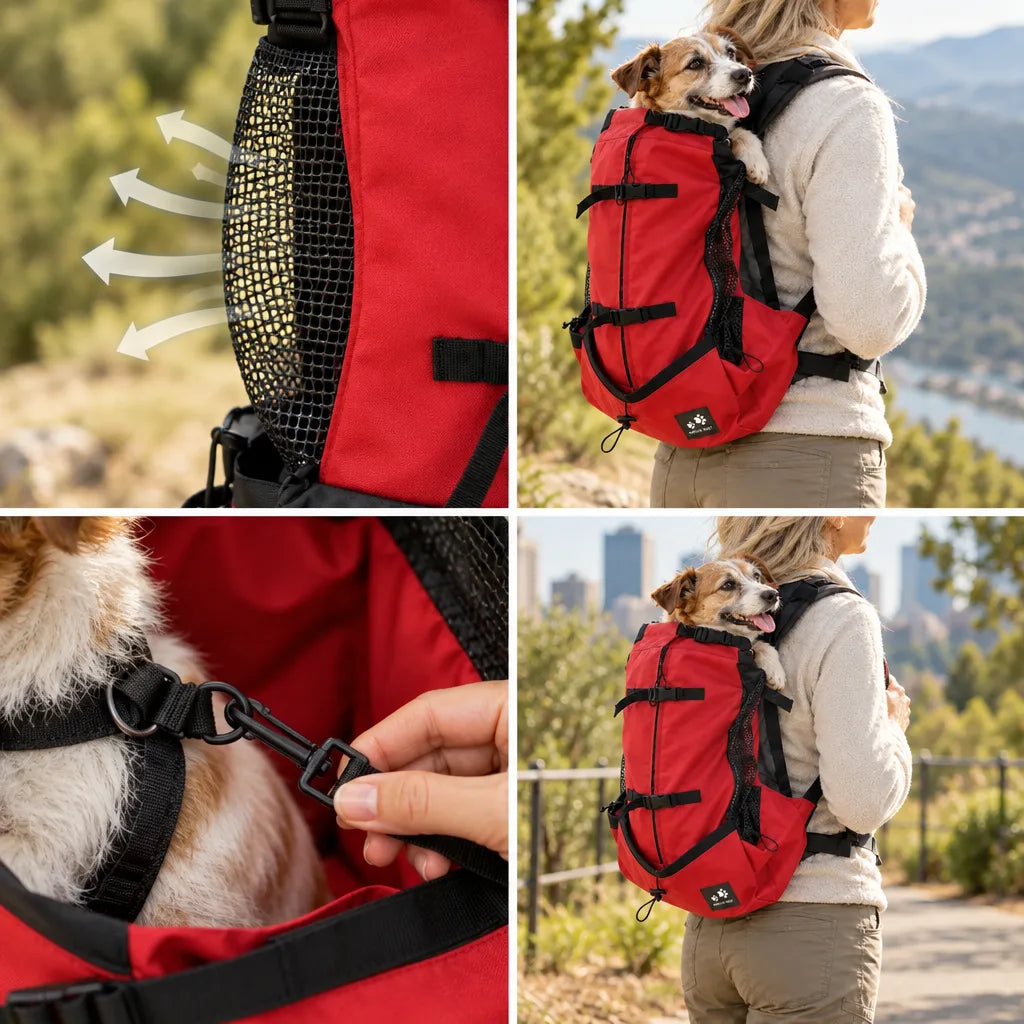Four panels show a red dog carrier backpack in use: a close-up of the mesh side panel with arrows indicating airflow, a woman carrying a small terrier on her back on a hilltop overlooking a bay, a hand clipping the internal safety leash to the dog's harness, and the same woman walking a city path with the dog peeking out of the pack.
