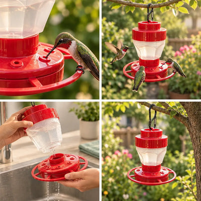 Four-panel image of a red and clear hummingbird feeder: a close-up of a bird perched on the ring sipping from a feeding port, three hummingbirds visiting the feeder as it hangs from a branch by its carabiner clip, a pair of hands rinsing the separated reservoir and base over a kitchen sink, and the assembled feeder hanging from a tree in a flowering garden.