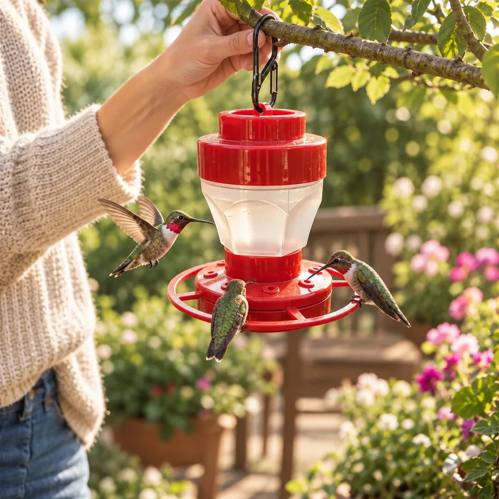 A person in a cream knit sweater hangs a red and clear hummingbird feeder from a tree branch by its carabiner clip, while four green hummingbirds hover and perch at the feeding ports in a sunny garden full of pink flowers.