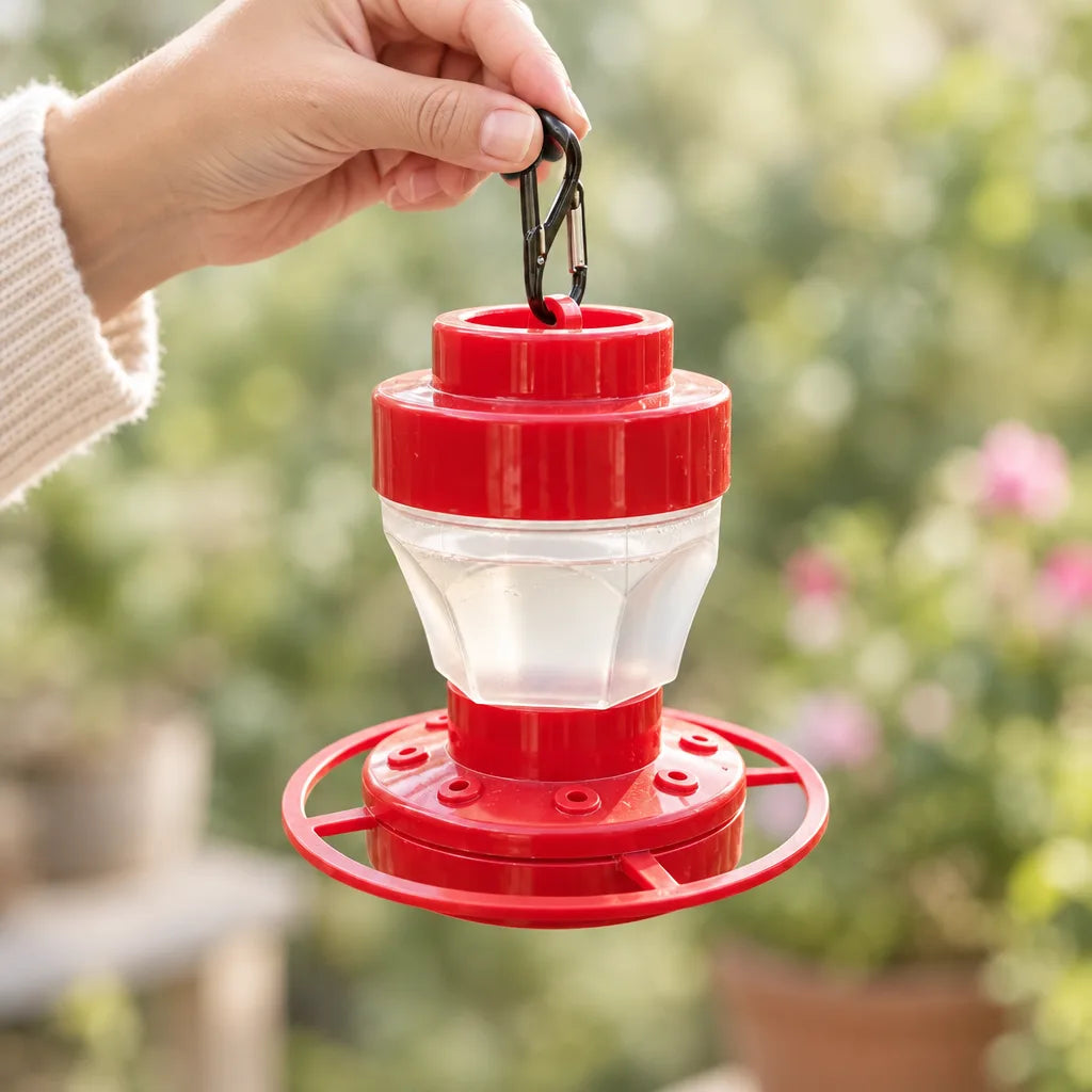 A hand holds up a small red and clear hummingbird feeder by its black carabiner clip, showing the eight red feeding ports and circular perch ring, with a blurred garden and pink flowers behind it.