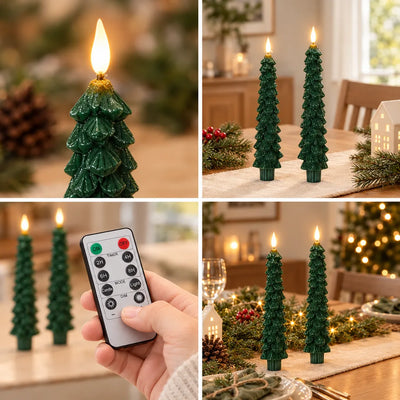 Four-panel display of the LED Christmas tree candle: a close-up of the glittered green tree-shaped candle with its glowing flame tip, a pair standing on a table runner beside pine sprigs and a white house ornament, a hand pressing the buttons on the white remote with two lit candles behind, and both candles set in a festive garland centrepiece with wine glasses and a twinkling tree.