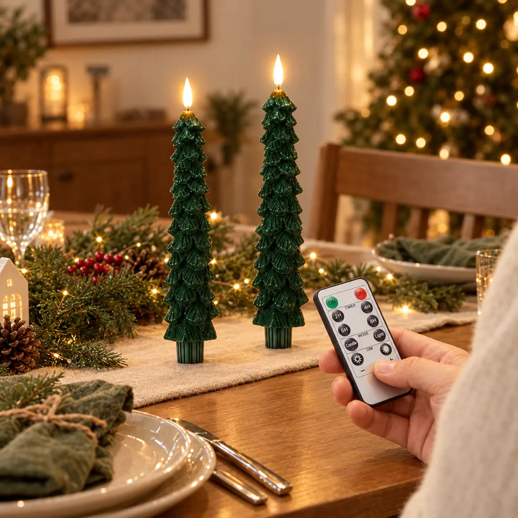 Two green LED Christmas tree candles with flickering flame effect stand on a knitted table runner among pine garland, pinecones and fairy lights, while a hand holds the small black remote control in the foreground of a candlelit dining table.
