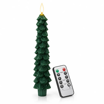 A dark green LED Christmas tree candle shaped like a layered fir tree, glowing with a warm flame effect at the tip, shown beside its black remote control with on/off, timer, mode and dimming buttons on a white background.