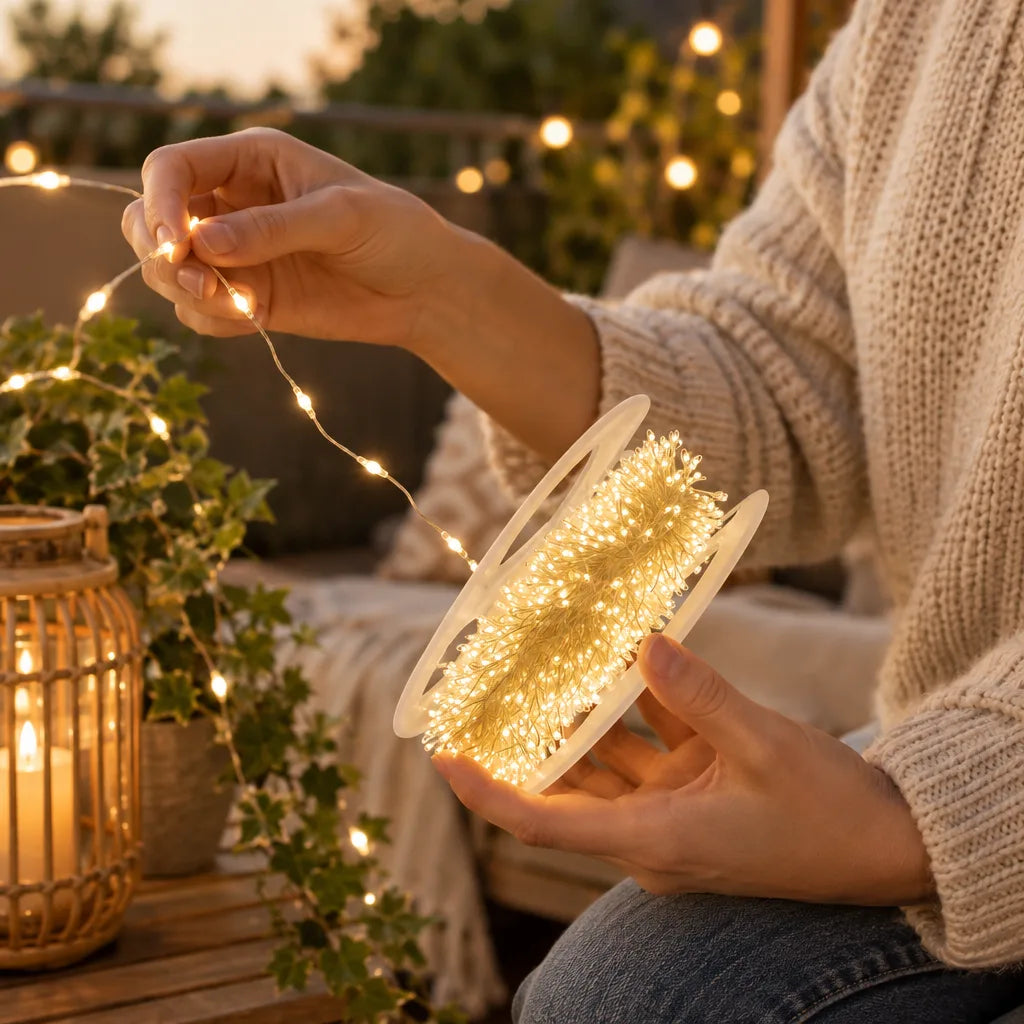 A person in a cream knit sweater sits on a cushioned outdoor bench at dusk, holding a glowing spool of LED copper wire string lights in one hand and drawing the lit strand upward with the other, with a candle lantern, trailing ivy and more warm lights softly blurred behind them.