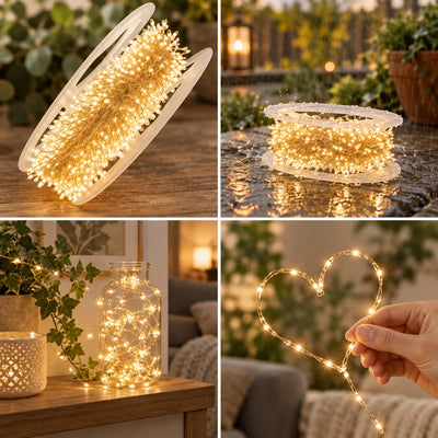 Four-panel grid showing LED Copper Wire String Lights: the coiled spool of warm white micro-LEDs on a wooden table, the same spool lit outdoors in the rain on wet paving, the lights filling a glass jar beside an ivy plant on a console table, and a hand holding a strand bent into a glowing heart shape.