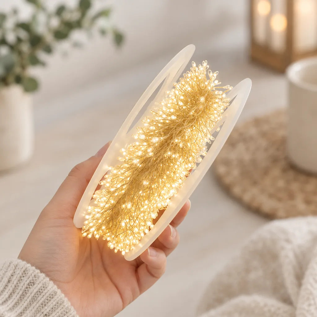 A hand holds a clear oval spool wound with glowing warm-white LED copper wire string lights, with a blurred eucalyptus plant, candle lantern and knitted blanket in the background.