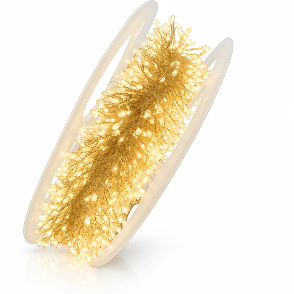 A coiled bundle of LED copper wire string lights wound on a translucent plastic reel, the dense tangle of fine gold wires and tiny bulbs glowing warm yellow against a white background.