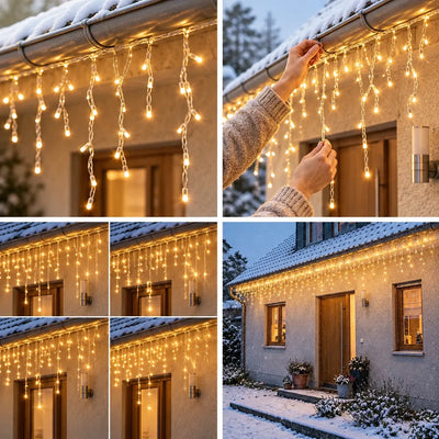 Collage of warm white LED icicle lights strung along the snowy eaves of a house: a close-up of the hanging strands, a hand attaching the string to the gutter, four smaller frames showing different lighting modes above a wooden door, and a wide evening view of the whole facade lit up over a snow-covered entrance.