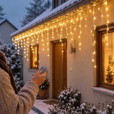 A person in a knitted sweater points a remote control at warm white LED icicle lights hanging from the snow-covered roof edge of a house at dusk, with lit windows, a wooden door and snowy shrubs below.