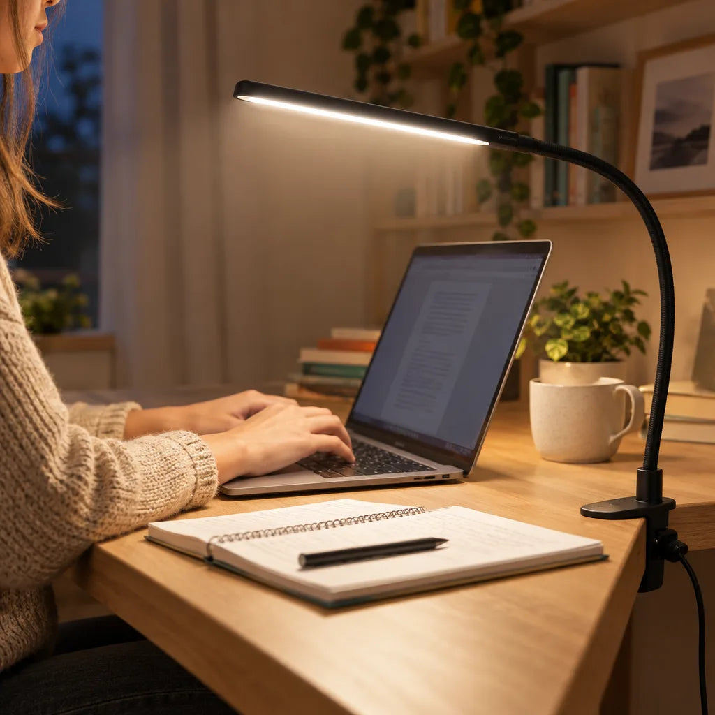 A woman in a cream knit sweater types on a laptop at a wooden desk in the evening, lit by a gooseneck LED clamp lamp fixed to the desk edge, with an open spiral notebook and pencil, a small potted plant, a mug and a shelf of books nearby.