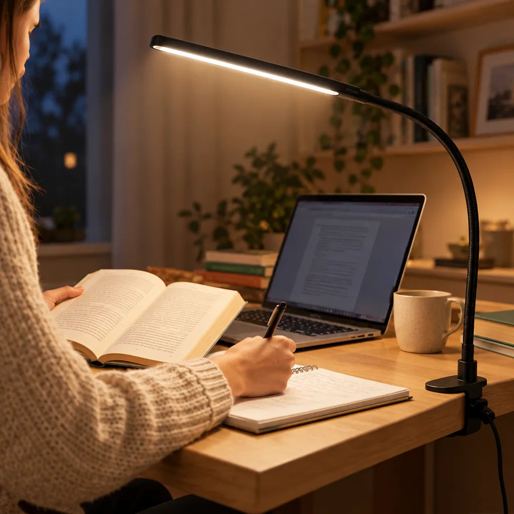 A woman in a cream knit sweater writes in a notebook beside an open book and a laptop at a wooden desk in the evening, while the gooseneck LED clamp lamp fixed to the desk edge casts warm light across her work.