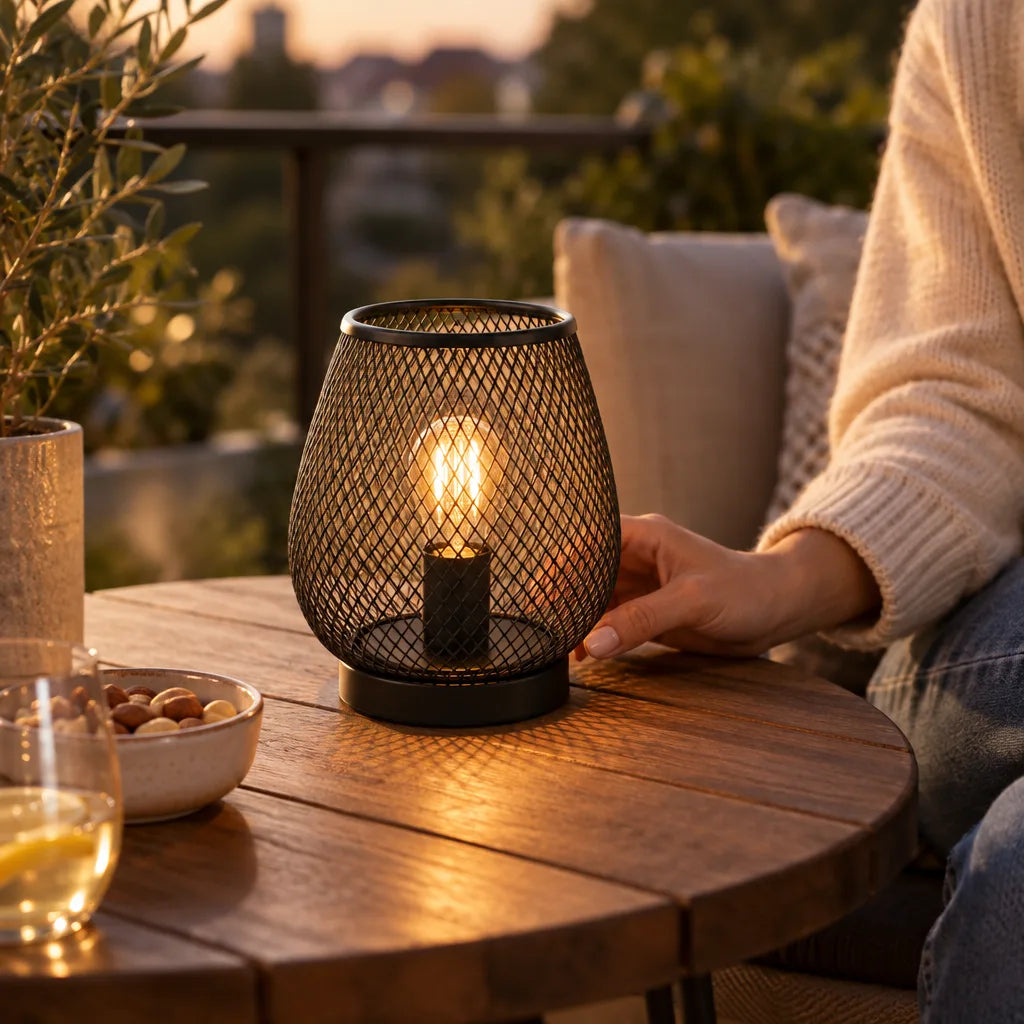 A person in a cream knit sweater reaches toward a glowing metal mesh LED lantern on a round wooden balcony table, beside a bowl of nuts, a glass of white wine and a potted olive tree, with trees and a city skyline blurred in the evening light behind.