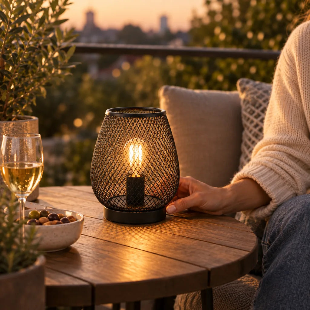 A woman in a cream knit sweater reaches toward a black mesh LED lantern glowing on a round wooden balcony table at sunset, with a glass of white wine, a bowl of olives and potted greenery nearby.