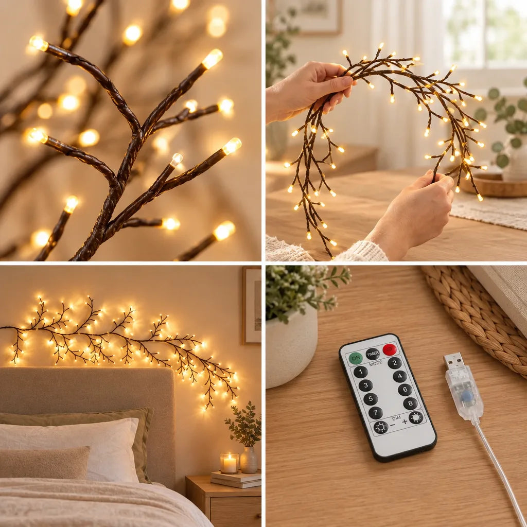 Four-panel grid showing the LED light branch: a close-up of warm white bulbs on brown willow-style twigs, hands bending the lit branch over a wooden table, the branch draped above a bed headboard as a glowing wall accent, and the remote control beside its USB plug on a wooden surface.