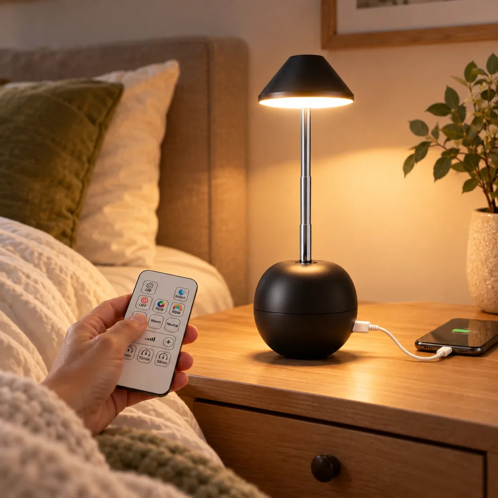 A hand reaching from a bed holds a small white remote toward a glowing black LED table lamp with a cone shade and round base on a wooden nightstand, where a white cable runs from the lamp to a charging phone beside a potted plant.