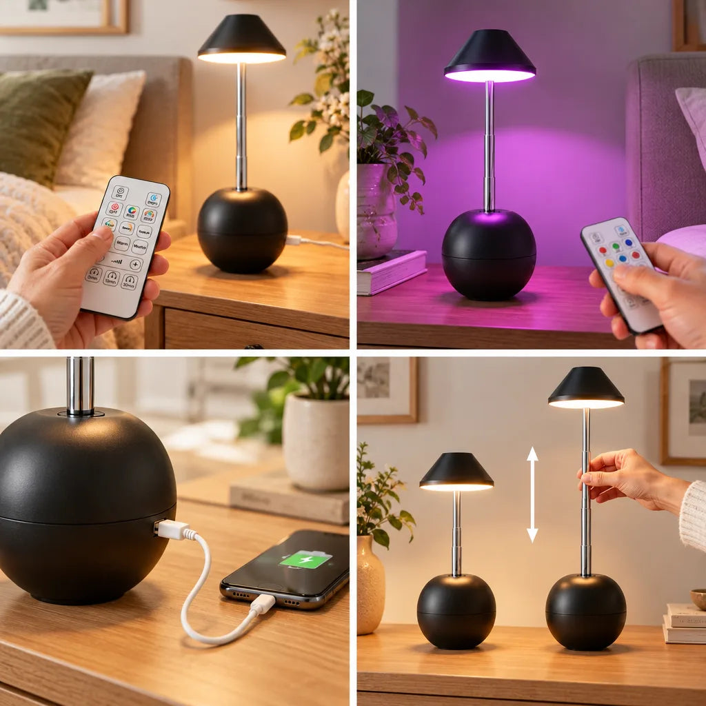 Four-panel grid showing the LED table lamp with remote control and USB port on a wooden bedside table: a hand aiming the remote at the black ball-based lamp glowing warm white, the same lamp lit purple beside a plant and books, a close-up of the round base charging a phone through a white USB cable, and a side-by-side pair with a hand pulling the slim stem taller, an arrow marking the adjustable height.