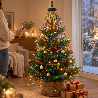 A woman in a cream knit sweater points a remote at a small Christmas tree draped with the LED waterfall string lights, whose copper wire strands of warm and multicoloured bulbs cascade from a green ring at the top down over gold baubles and pine cones, with a woven basket base, wrapped gifts with red bows beside it and a snowy garden visible through the window.