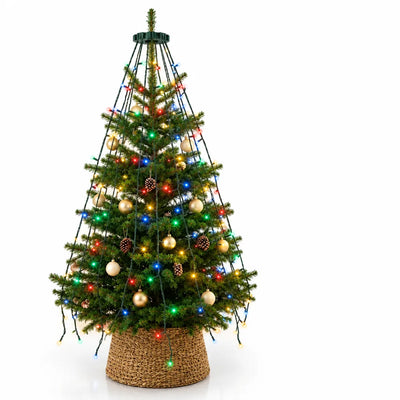 An artificial Christmas tree decorated with gold baubles and pine cones, lit by an LED waterfall string light whose strands hang from a dark green ring at the treetop and cascade down the branches in red, blue, green and warm white, with a woven basket collar around the base against a white background.