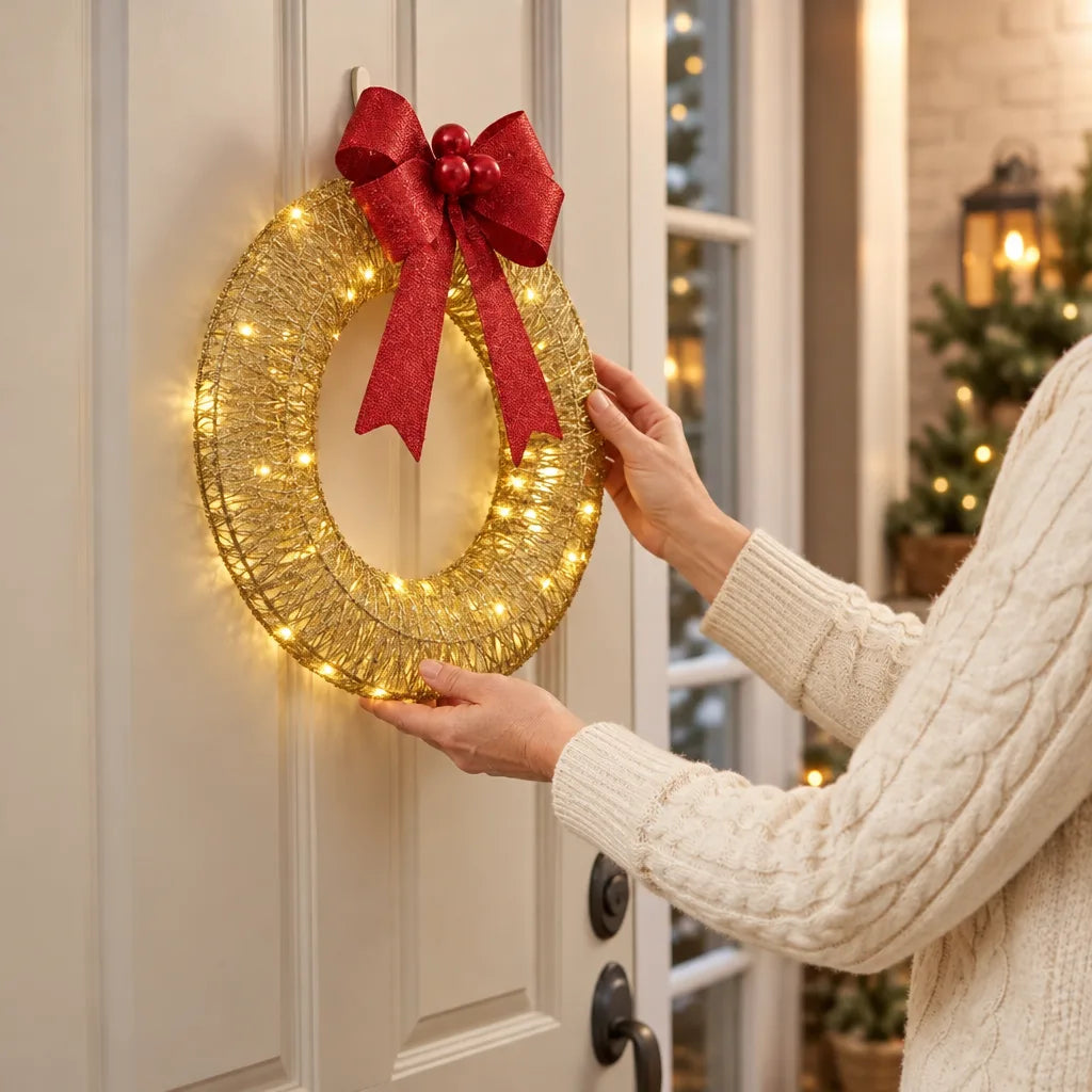 A woman in a cream cable-knit sweater hangs a gold LED Christmas wreath with a red glitter bow and berries on a white front door, its warm fairy lights glowing against a porch decorated with lit mini trees and a lantern.