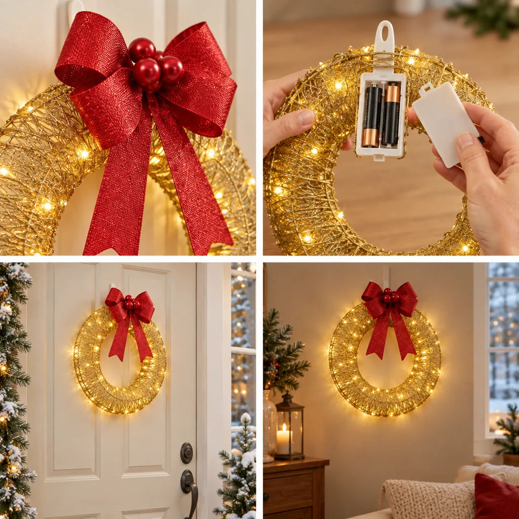 Four-panel image of the gold LED Christmas wreath with a red glitter bow: a close-up of the bow and red berry cluster against the lit gold frame, hands sliding two AA batteries into the white battery box on the back, the wreath glowing on a white front door beside snowy garland, and the same wreath lit on a living room wall above a lantern and candle.