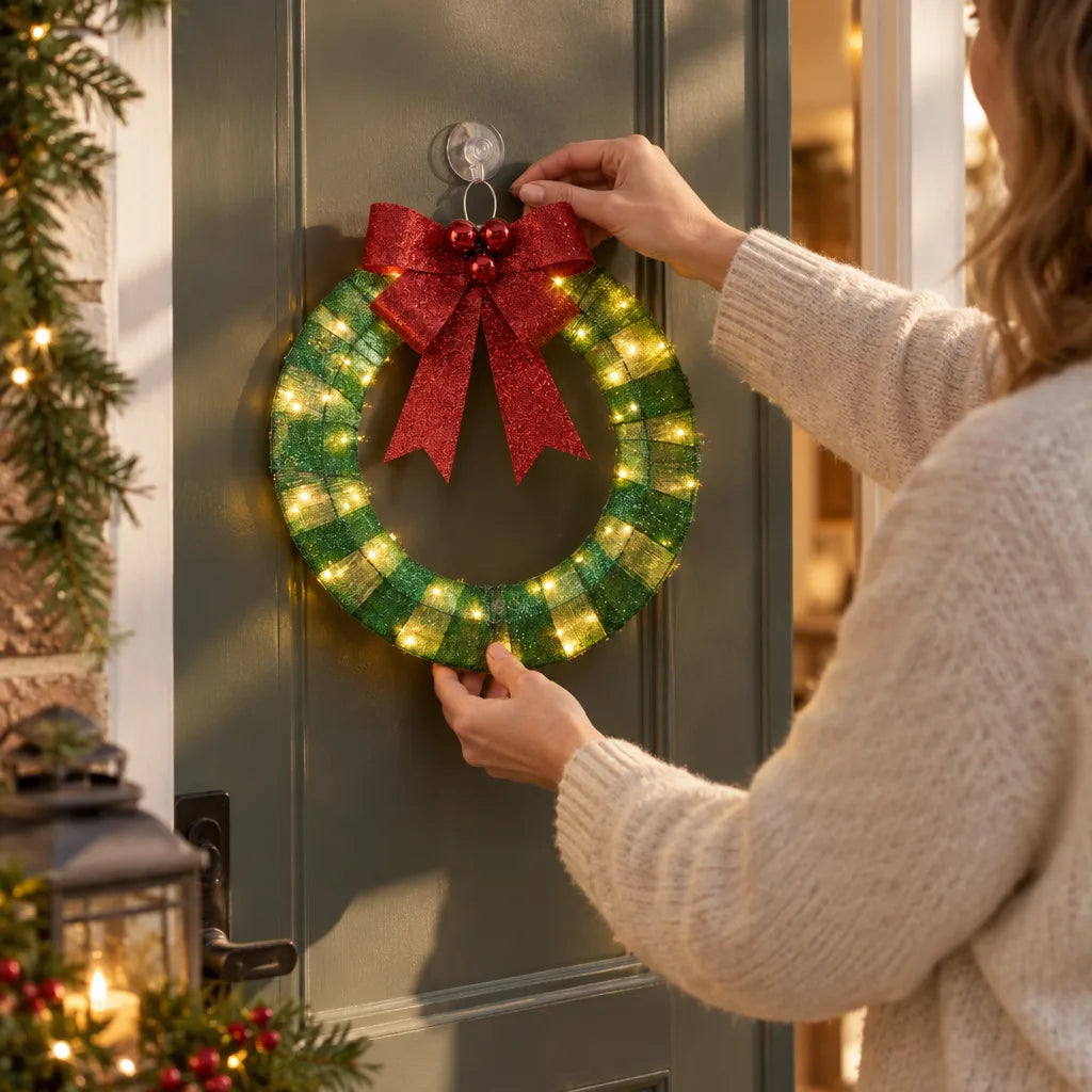 A woman in a cream knit sweater hangs a warm-white lit LED Christmas wreath in green with a red glitter bow on a sage green front door, with a lantern and garland glowing nearby.
