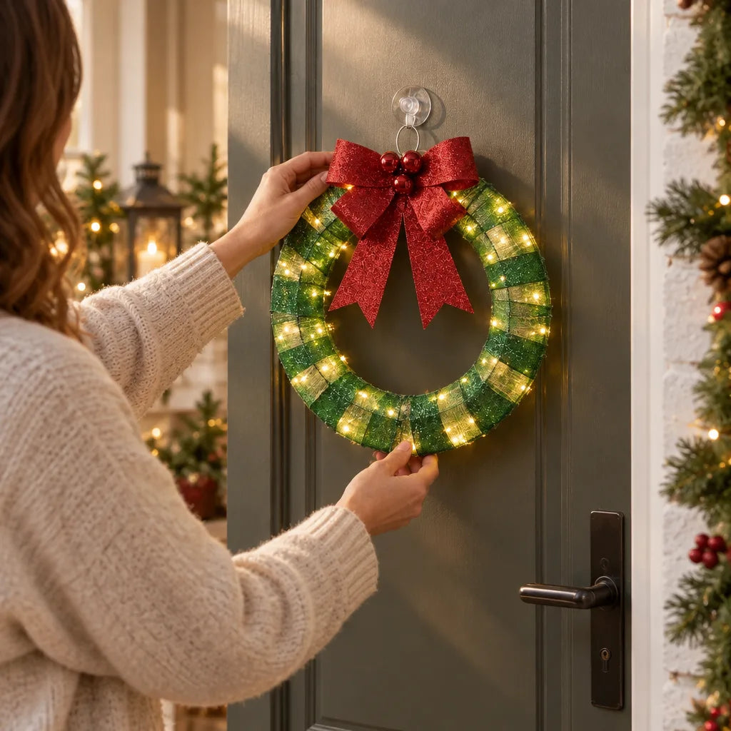 Woman in a cream knit sweater hanging a warm white LED Christmas wreath with green and gold plaid wrapping and a red glitter bow on a grey front door, with a lit garland and candle lanterns in the background.