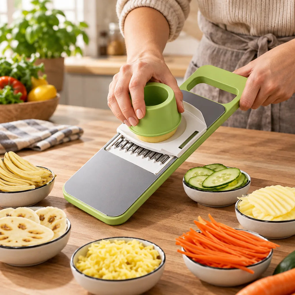 A person in an apron pressing a potato with the green hand guard across the blades of a green and grey mandoline slicer on a wooden kitchen counter, surrounded by bowls of cucumber rounds, crinkle-cut and shredded potato, carrot sticks and other sliced vegetables.