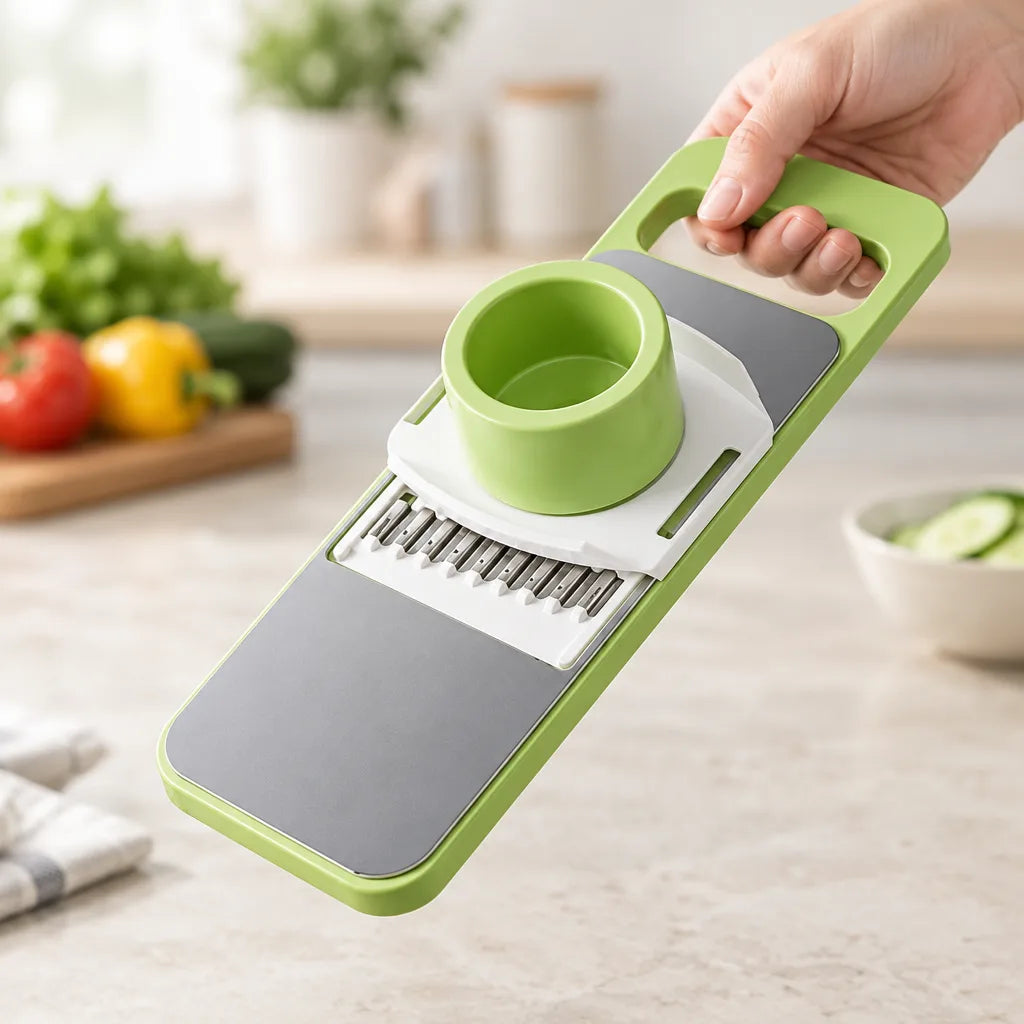 A hand holds up the green and grey Mandoline Slicer over a marble kitchen counter, showing its stainless steel julienne blades, white slicing platform and round green hand guard, with fresh vegetables on a wooden board and a bowl of cucumber slices blurred in the background.