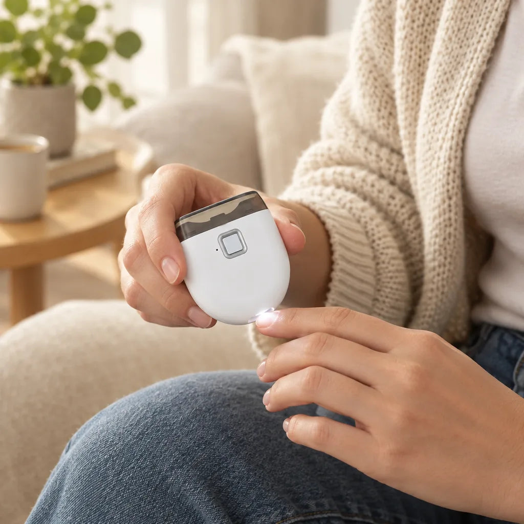 A woman in a cream knit cardigan and jeans sits on a sofa holding the white Nail Grinder against her fingertip, its small light glowing, with a potted plant and mug on a wooden side table blurred behind her.