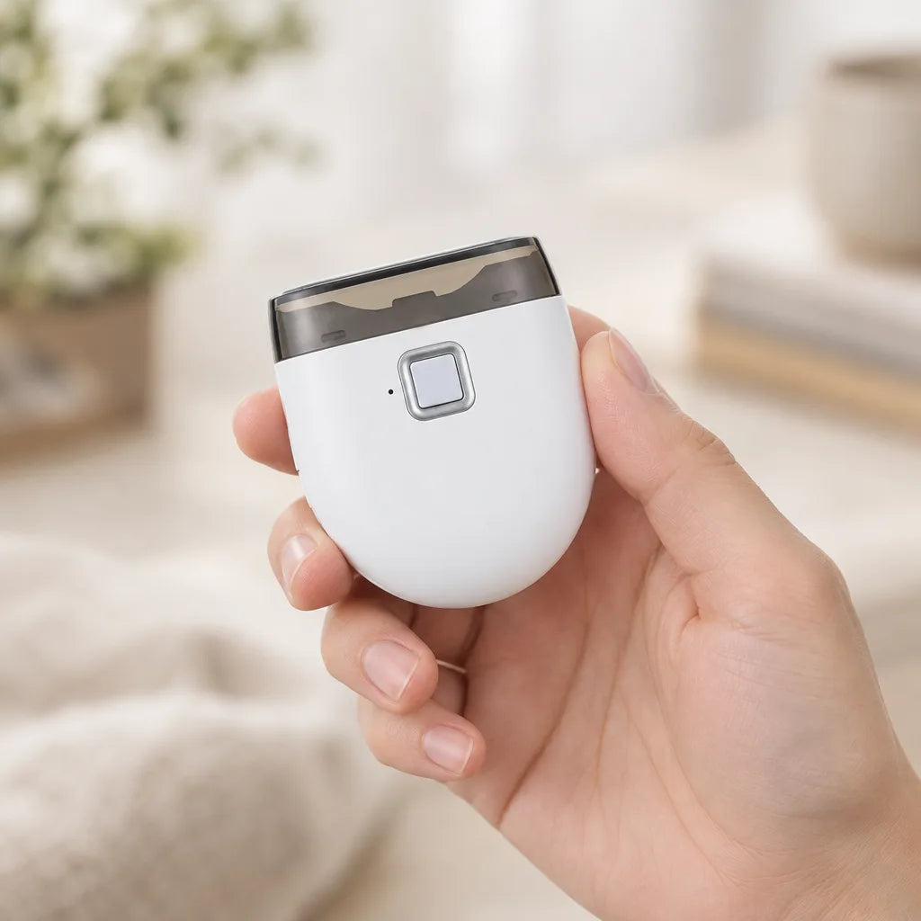 A hand holds the compact white Nail Grinder, showing its rounded body, square silver power button and dark grey trimming head, against a softly blurred room with a plant and folded blanket.