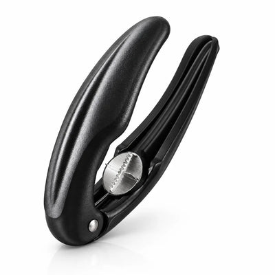 Black plastic nutcracker for chestnuts and hard nuts, shown open at an angle on a white background with its serrated stainless steel cracking wheel visible between the handles.