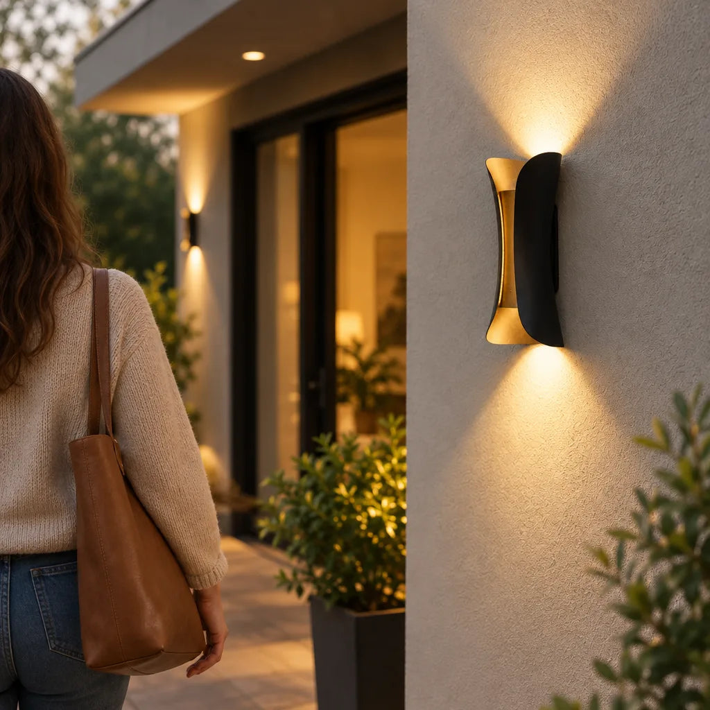 A woman with a tote bag over her shoulder walks toward a modern home's entrance at dusk, where an Outdoor LED Wall Light with a curved black and gold body casts warm cones of light up and down the textured stucco wall.