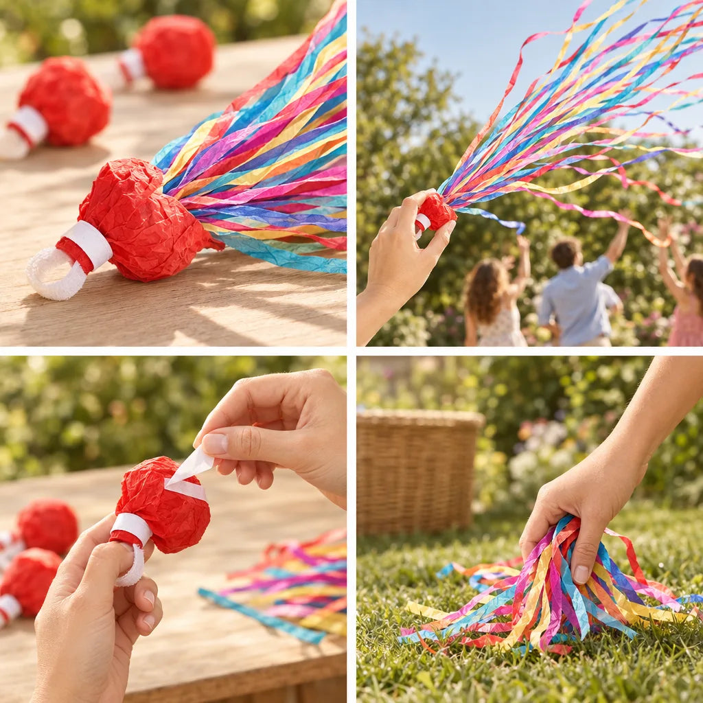 Four-panel grid showing Paper Throwing Streamers: a red crepe ball with a white finger loop and rainbow paper tails resting on a wooden table, a hand launching the colourful streamers over friends celebrating in a sunny garden, fingers pulling the paper tab to open one, and a hand gathering the fallen streamers off the grass beside a wicker basket.