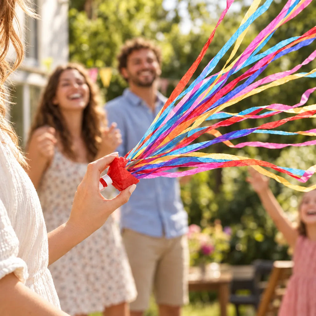 A woman's hand sets off a red Paper Throwing Streamers popper outdoors, sending a fan of pink, blue, yellow and purple paper streamers across the garden as a smiling couple and a young girl cheer in the background.