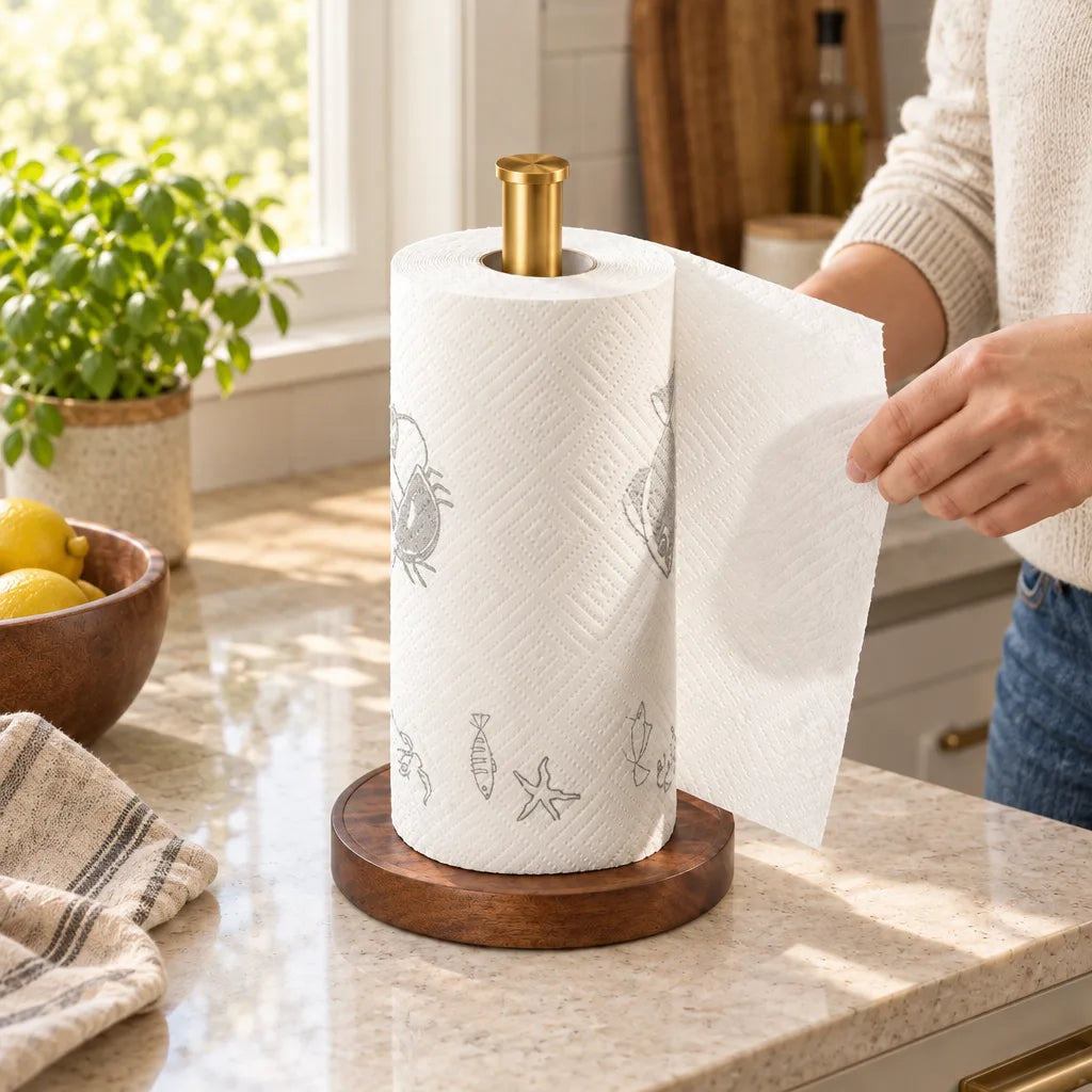 A walnut paper towel holder with a brushed gold post stands on a speckled kitchen counter, holding a roll printed with faint crab, fish and starfish drawings, as a woman in a cream sweater tears off a sheet; a basil plant, a wooden bowl of lemons and a striped tea towel sit nearby in the sunlit kitchen.