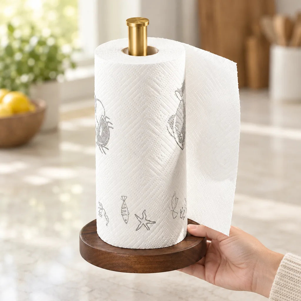 A hand holds the walnut and stainless steel paper towel holder on a marble counter, its brushed gold post rising through a roll of white towels printed with gray crabs, fish and starfish, one sheet hanging loose at the side.