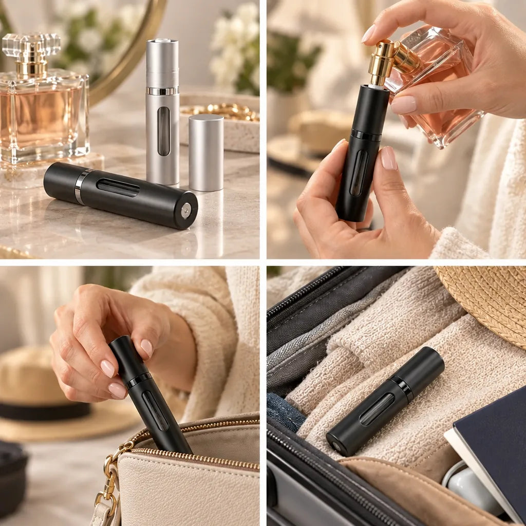 Four-panel grid showing a black refillable perfume atomizer: standing with a silver one beside a glass perfume bottle on a marble vanity, being filled from a gold-capped perfume bottle, being tucked into a cream leather handbag, and packed in a suitcase among folded clothes and a straw hat.