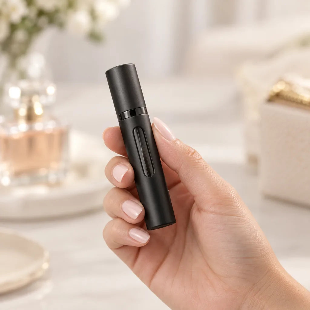 A hand holds a slim black perfume atomizer with a small viewing window, with a glass fragrance bottle and a trinket box blurred on the marble surface behind it.